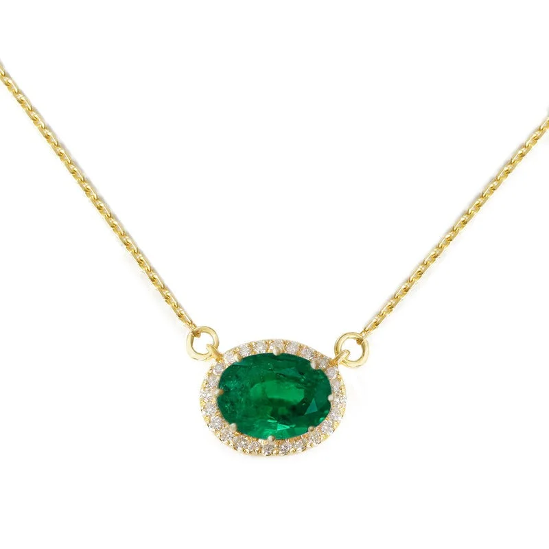 women gold plated necklaces -Oval Emerald Halo Pendant Necklace