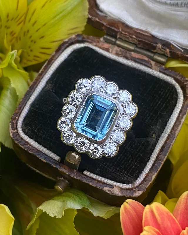 women adjustable rings -Victorian Aquamarine and Diamond Cluster Platinum Ring 1.40ct + 2.10ct