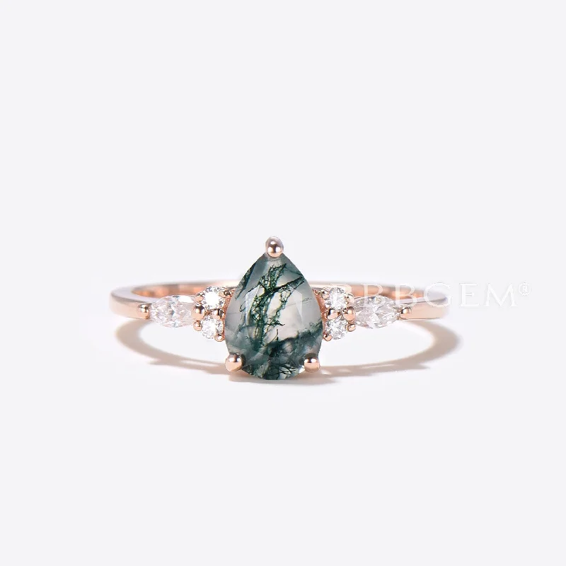 women stackable wedding engagement rings -14k Rose Gold Teardrop Moss Agate Engagament Ring Seven Stone Diamond Ring