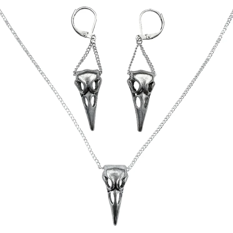 women personalized necklaces -Silver Raven Skull Charm Necklace Chain and Earring Set