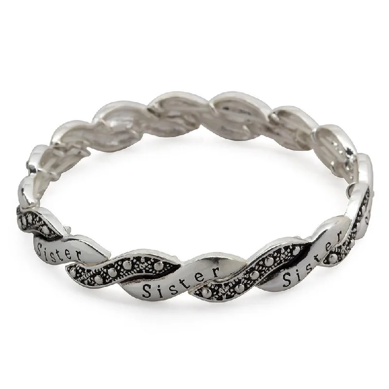 women classic bangles -Inspirational Stretch Braided Bracelet Sister Antique Silver