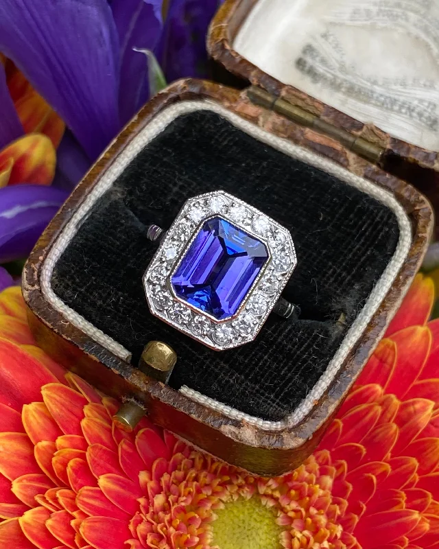 women personalized gemstone rings -Art Deco Tanzanite and Diamond Platinum Ring 0.50ct + 2.50ct