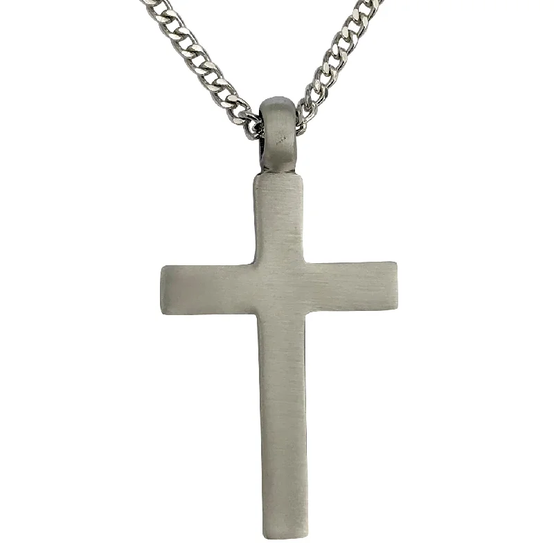 women pearl pendant necklaces -Pewter Plain Large Cross Pendant with Extra Large Bail, on Men's Heavy Curb Chain Necklace, 24"