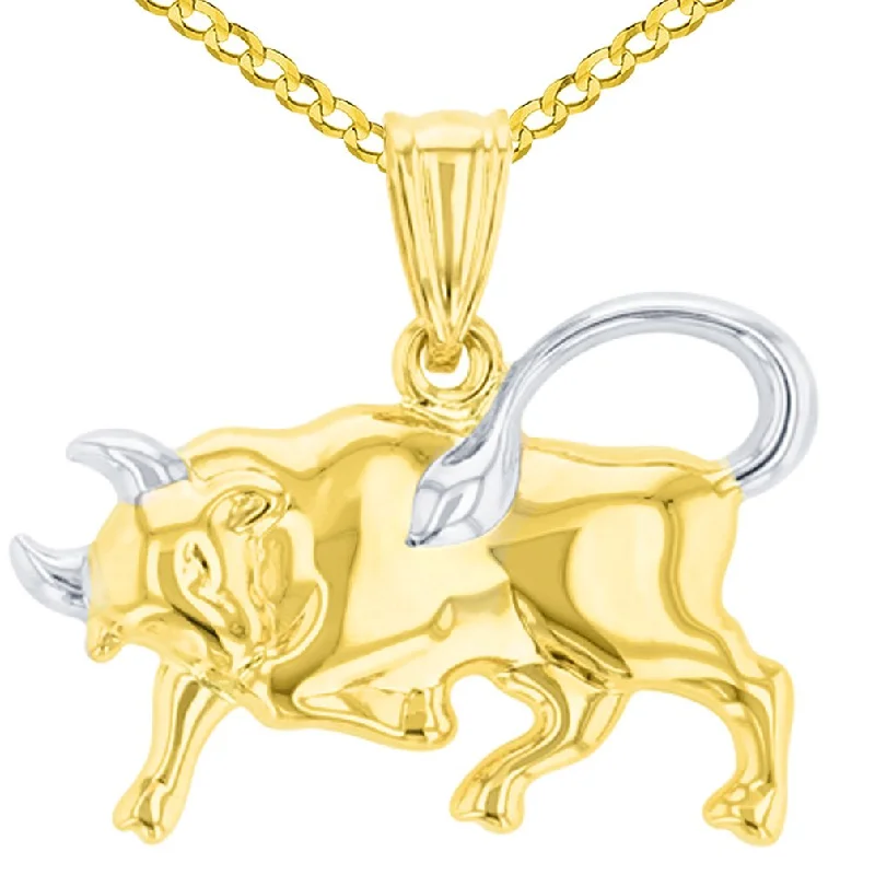 women teardrop necklaces -High Polish 14K Yellow Gold Bull Pendant Taurus Zodiac Sign Charm Cuban Curb Chain Necklace