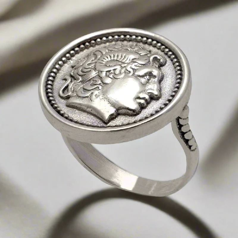 women vintage wedding bands -Alexander the Great Portrait Coin Ring in Sterling Silver (DT-109)