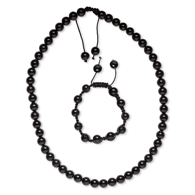 women short necklaces -Natural Black Obsidian 10mm Bead Necklace and Bracelet Set, with Black Nylon Macrame Knot Closure, Adjustable