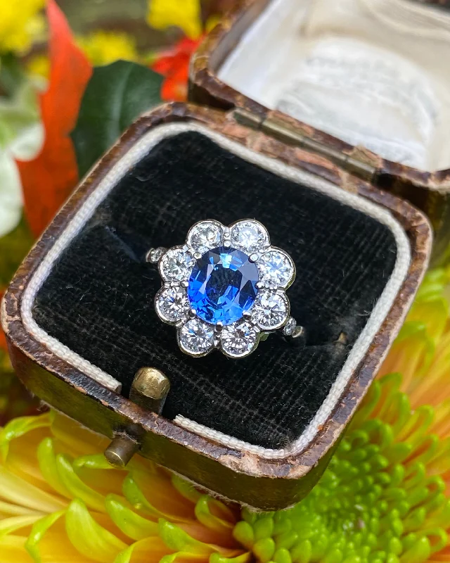 women vintage wedding bands -Victorian Sapphire and Diamond Cluster Platinum Ring 1.10ct + 1.50ct