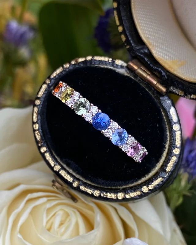 women art deco engagement rings -Multi-Coloured Sapphire and Diamond Rainbow Half Eternity Ring 18ct White Gold 0.14ct + 1.08ct