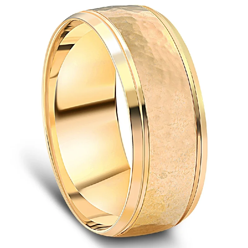 women oval engagement rings -Men's 8mm 14k Yellow Gold Ring Hammered Beveled Edge Wedding Band