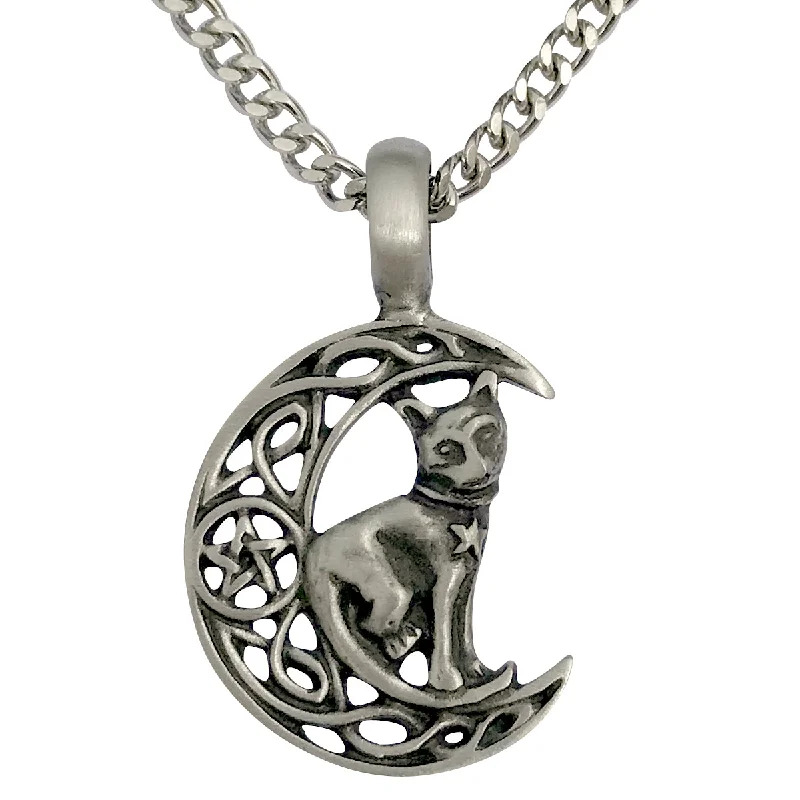 women art deco necklaces -Pewter Celtic Moon Cat Pendant with Extra Large Bail, on Men's Heavy Curb Chain Necklace, 24"