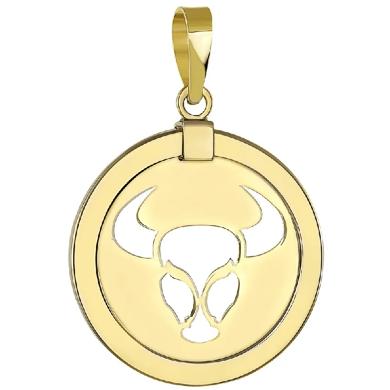 women short necklaces -14K Gold Reversible Round Bull Taurus Zodiac Sign Pendant - Yellow Gold