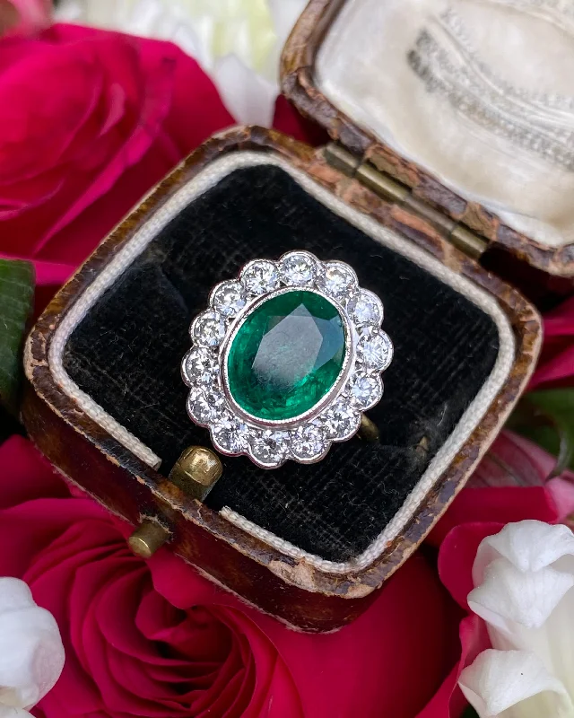 women stackable gemstone rings -Victorian Emerald and Diamond Cluster Ring 18ct Yellow Gold 1.25ct + 3.02ct