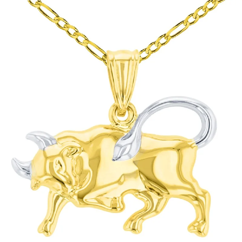 women statement necklaces -High Polish 14K Gold Bull Pendant Taurus Zodiac Sign Charm Figaro Chain Necklace - Yellow Gold