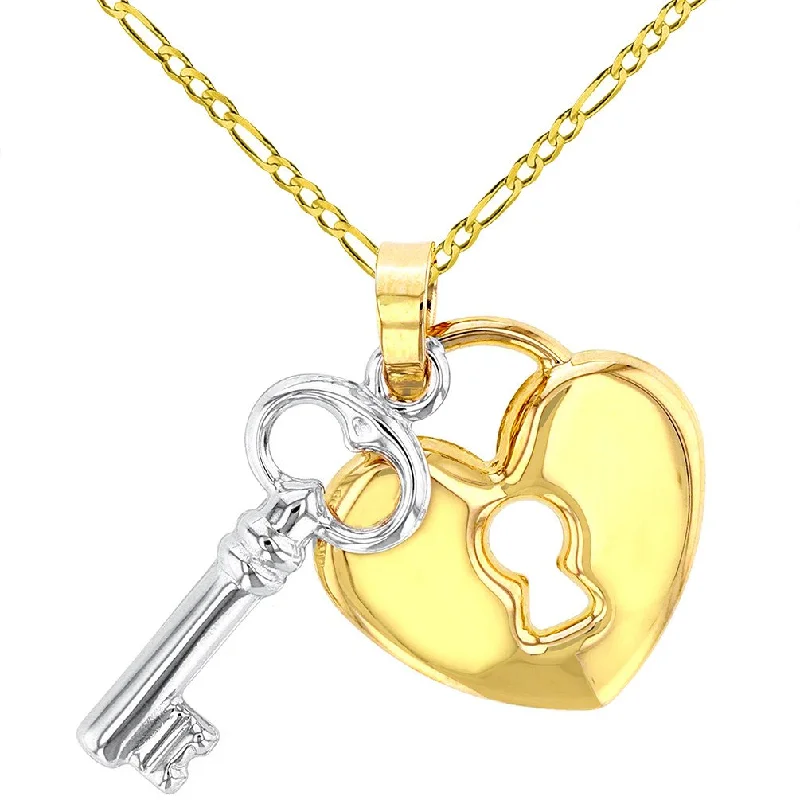 women choker necklaces -Polished 14K Gold Heart with White Gold Love Key Pendant Figaro Chain Necklace - Yellow Gold