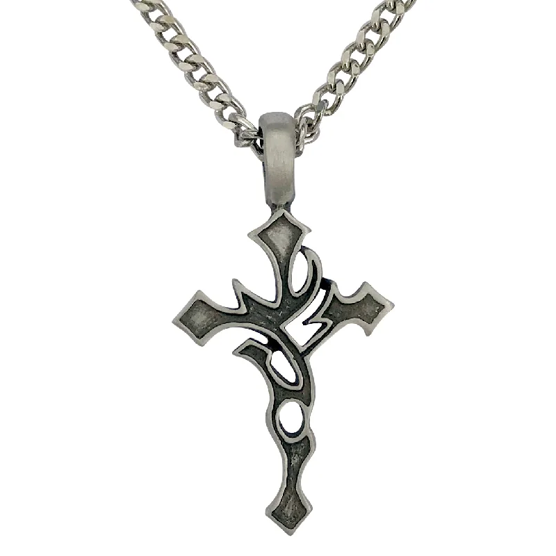 women turquoise necklaces -Pewter Gothic Tribal Cross Pendant with Extra Large Bail, on Men's Heavy Curb Chain Necklace, 24"