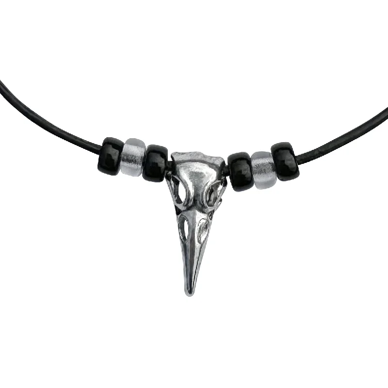 women statement gold necklaces -Silver Raven Skull on Beaded Fine Black Leather Necklace Cord - 16" to 18"