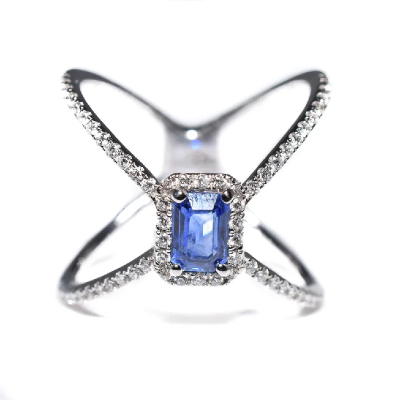 women personalized promise rings -14kt White Gold Blue Sapphire & Diamond Fashion X Ring