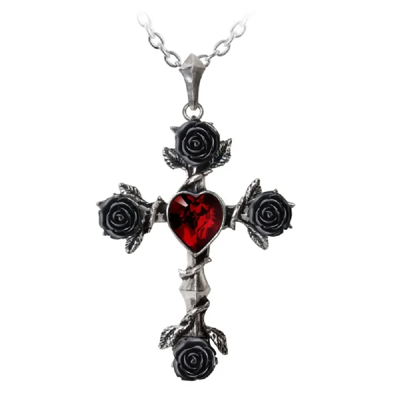 women crystal pendant necklaces -Black Rose Red Crystal Heart Rosifix Cross Necklace by Alchemy Gothic