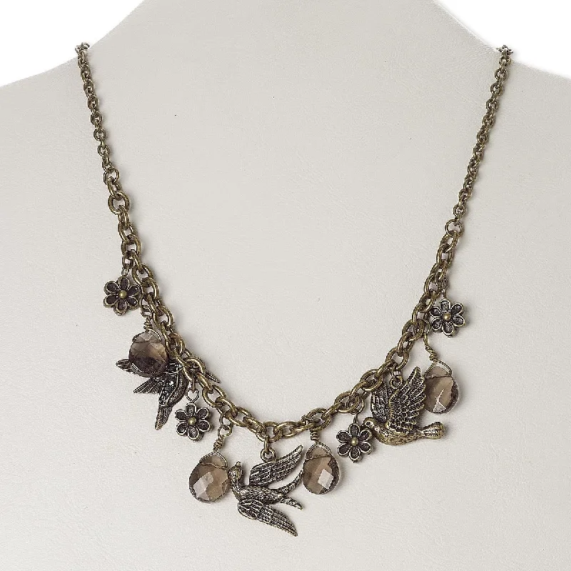 women birthstone necklaces -Vintage Antiqued Brass Bird Charms and Crystal Necklace