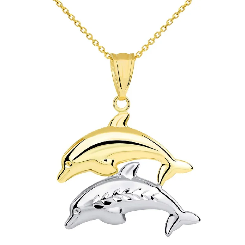 women custom charm necklaces -14k Two Tone Gold 3D Dolphins Jumping Pendant Necklace - Yellow and White Gold