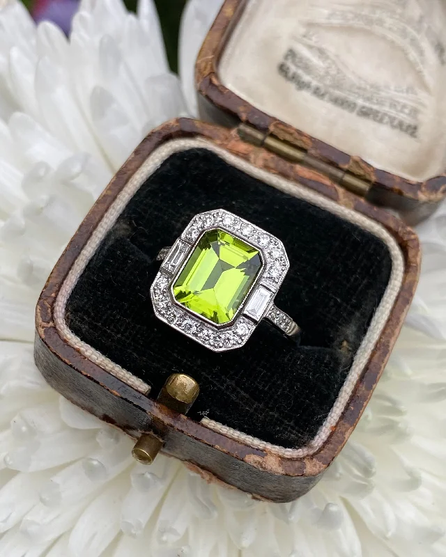 women wedding rings -Art Deco Peridot and Diamond Platinum Ring 0.40ct + 2.20ct