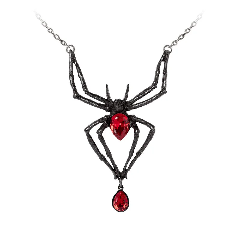 women spiral necklaces -Black Widow Red Crystal Spider Necklace by Alchemy Gothic