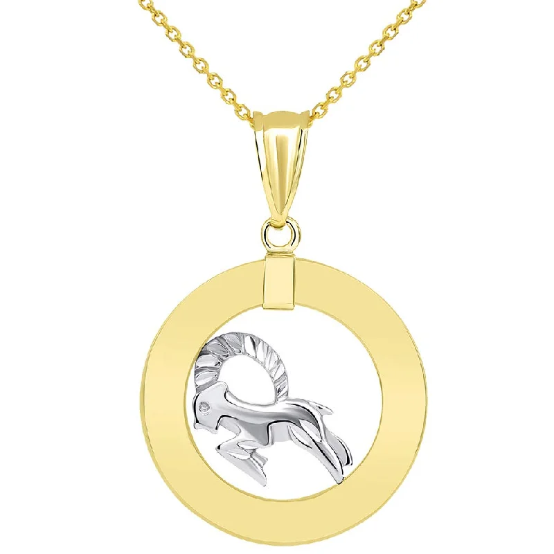 women crystal necklaces -Handmade 14k Two Tone Gold Open Circle Capricorn Zodiac Sign Pendant Necklace