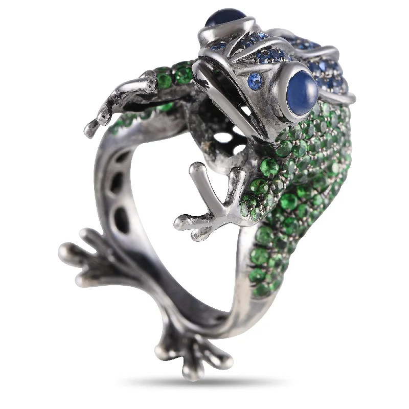 women yellow gold engagement rings -LB Exclusive 18K White Gold Tsavorite and Sapphire Frog Ring #3843