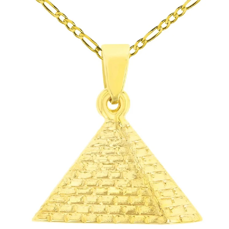 women artistic necklaces -14K Gold Satin Polished Egyptian 2D Pyramid Pendant with Figaro Chain Necklace - Yellow Gold