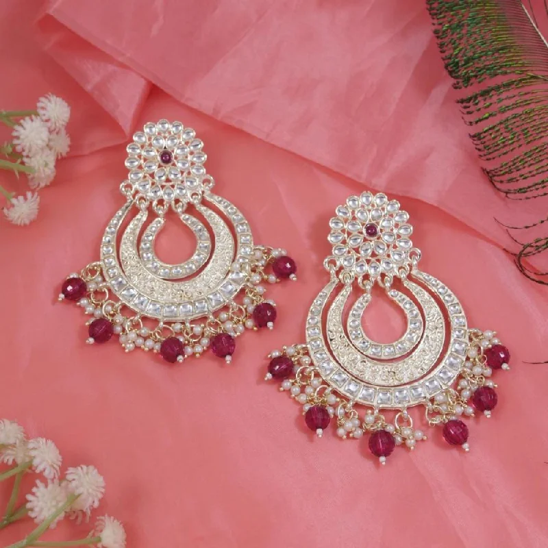 women pearl drop earrings -Etnico Gold Plated Traditional Kundan & Pearl Chandbali Earrings For Women (E2860Wi)