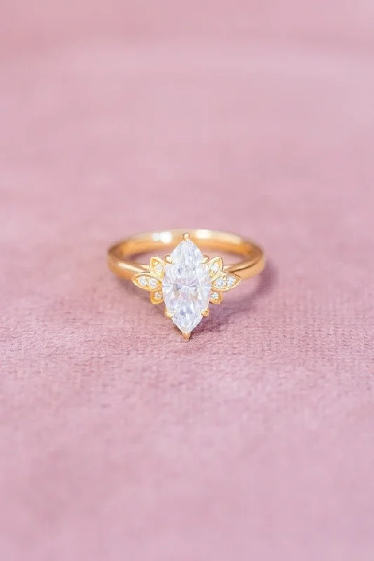 women gold-plated rings -Marquise Moissanite Engagement Ring Leaf Accent Design