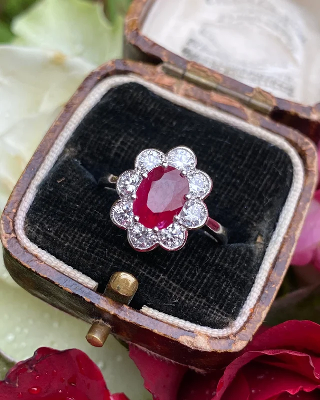 women men’s wedding rings -Victorian Ruby and Diamond Cluster Platinum Ring 0.90ct + 1.65ct