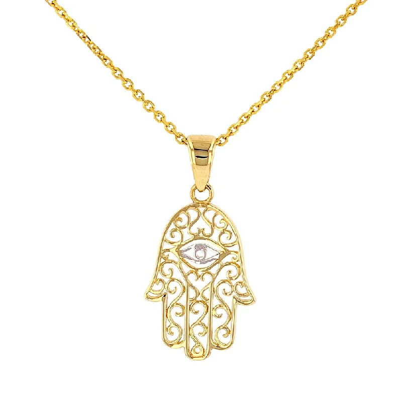 women trendy gold necklaces -Solid 14K Gold Filigree Hamsa Hand of Fatima with Evil Eye Pendant Necklace