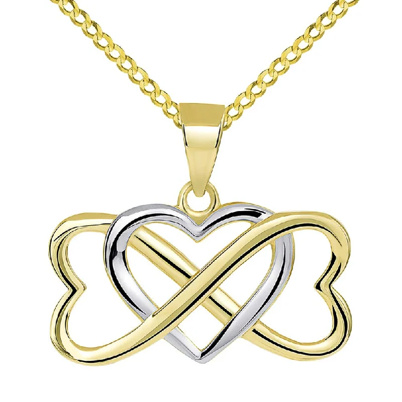 women custom engraved gold necklaces -14k Yellow Gold Two Tone Interlocking Triple Heart Infinity Love Symbol Pendant with Cuban Necklace