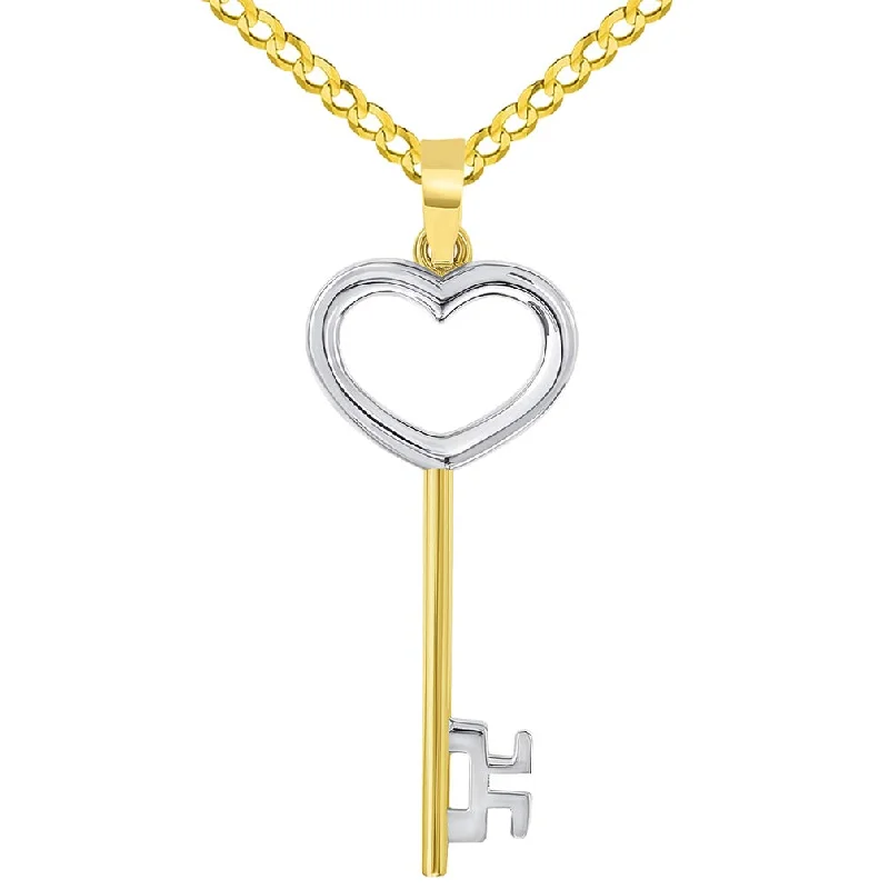 women short necklaces -14k Solid Yellow Gold 3D Two Tone Open Heart Shaped Love Key Pendant with Cuban Curb Chain Necklace