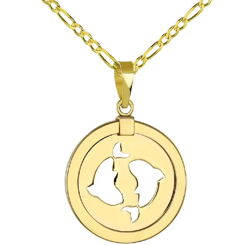 women celestial necklaces -14K Gold Reversible Round Pisces Zodiac Sign Pendant with Figaro Chain Necklace - Yellow Gold