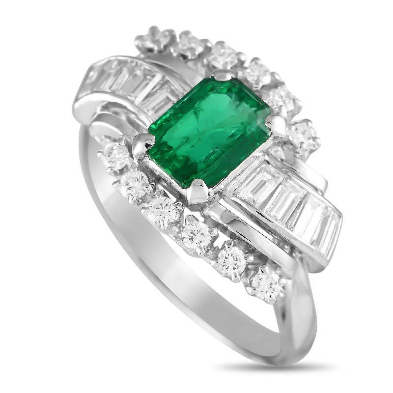 women floral engagement rings -Mikimoto Platinum 0.65ct Diamond and Emerald Ring MK05-080724