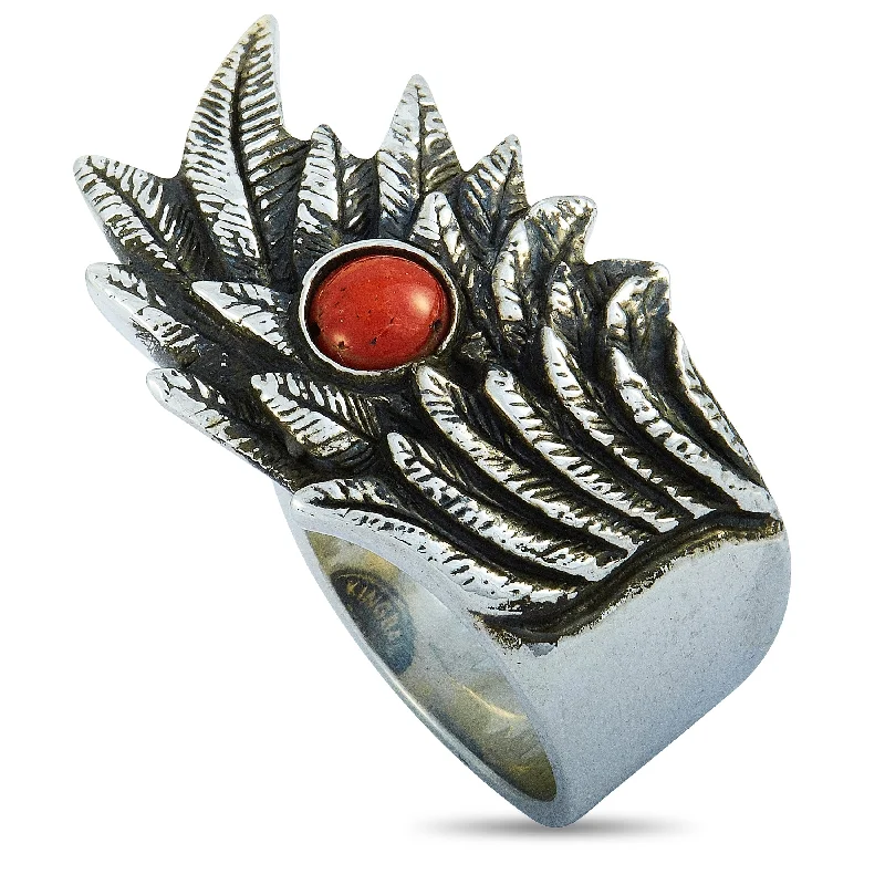 women solitaire engagement rings -King Baby Raven Wing Sterling Silver and Coral Cabochon Ring