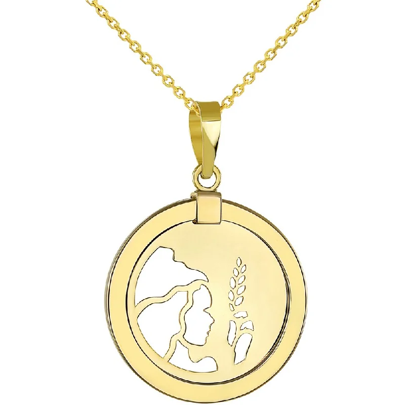 women spiral necklaces -14K Gold Reversible Round Virgo Zodiac Sign Pendant with Chain Necklace - Yellow Gold