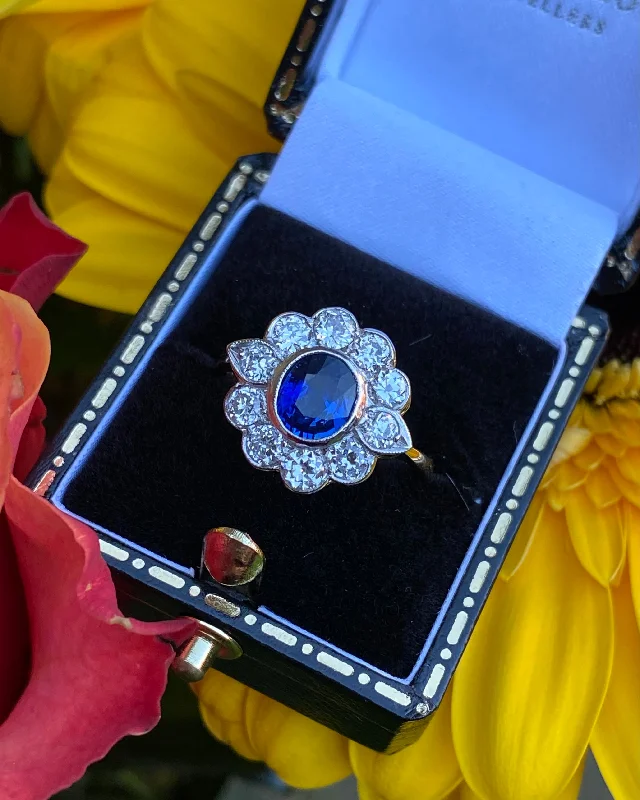 women designer rings -Victorian Sapphire and Diamond Cluster Ring 18ct Yellow Gold 0.75ct + 1.05ct