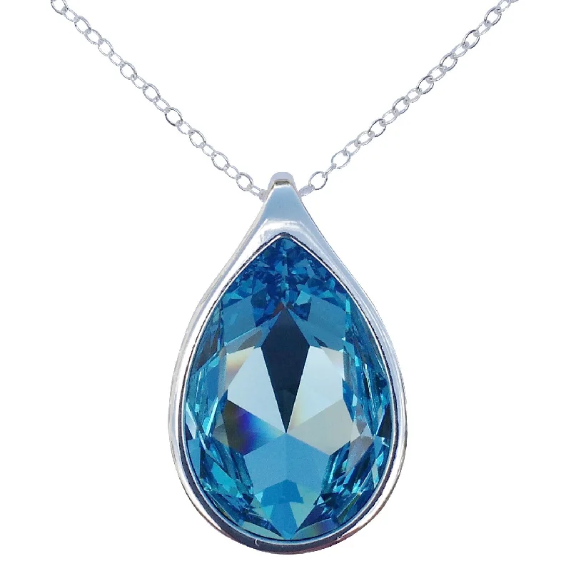 women long necklaces -Aquamarine Swarovski Crystal Pear/Teardrop Pendant on 18" 2mm Silver-Plated Necklace