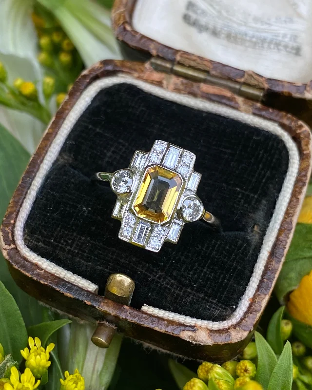 women silver rings -Art Deco Style Yellow Sapphire & Diamond Platinum Ring 0.55ct + 1.10ct