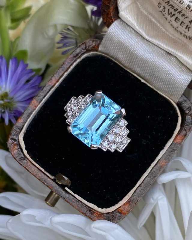 women stack rings -Art Deco Aquamarine and Diamond Ring Platinum 0.30ct + 4.75ct