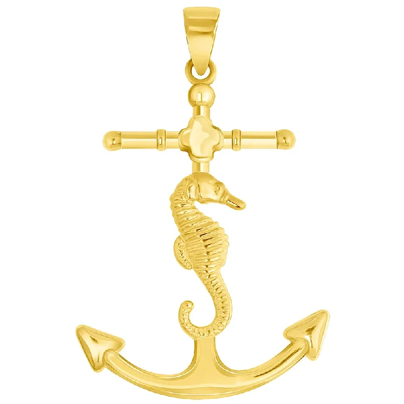 women engraved necklaces -Solid 14k Yellow Gold Nautical Anchor with Seahorse Pendant