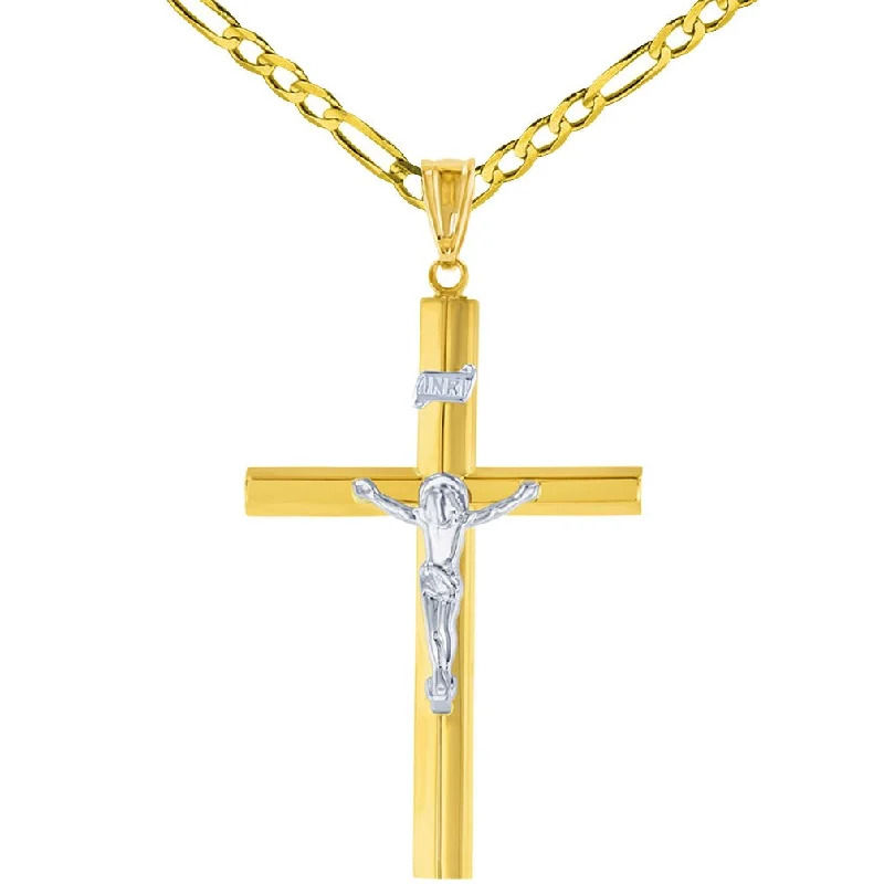 women heart necklaces -14K Gold Large Tube Crucifix Six Sided Cross Pendant Necklace - Yellow & White Gold