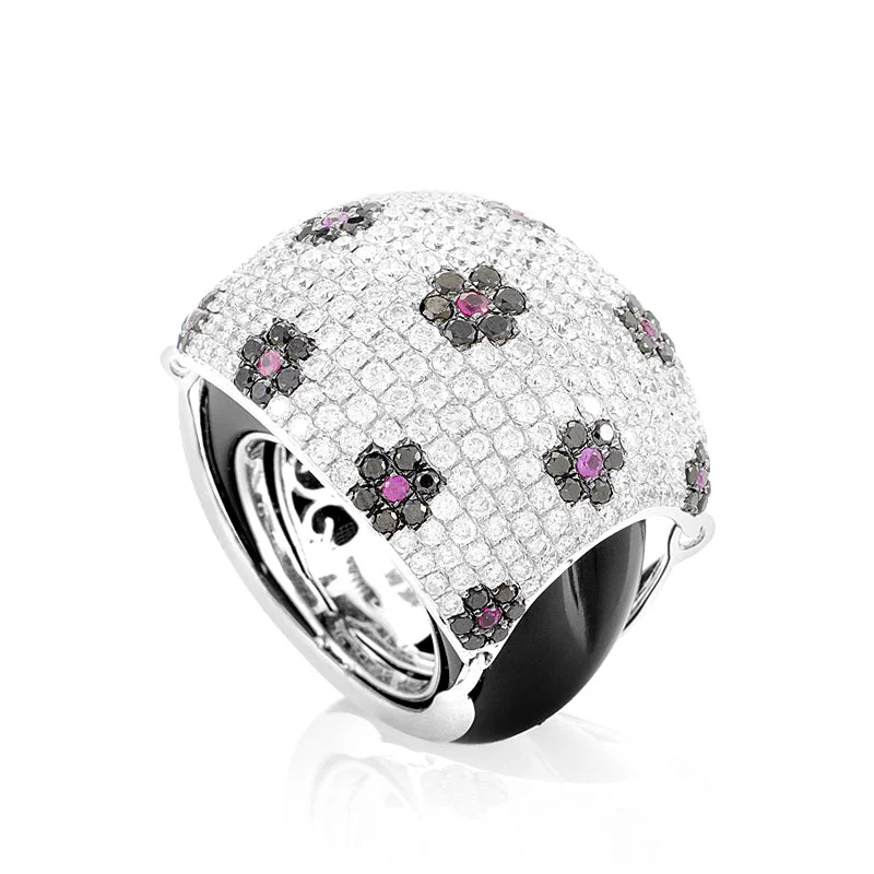 women birthstone engagement rings -18K White Gold Floral Gemstone Pave Dome Ring