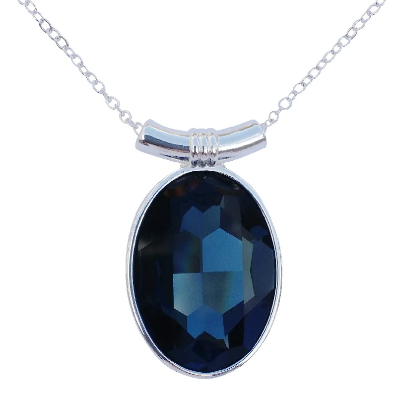 women art deco necklaces -Sapphire Blue Swarovski Crystal Oval Pendant on 18" 2mm Silver-Plated Necklace