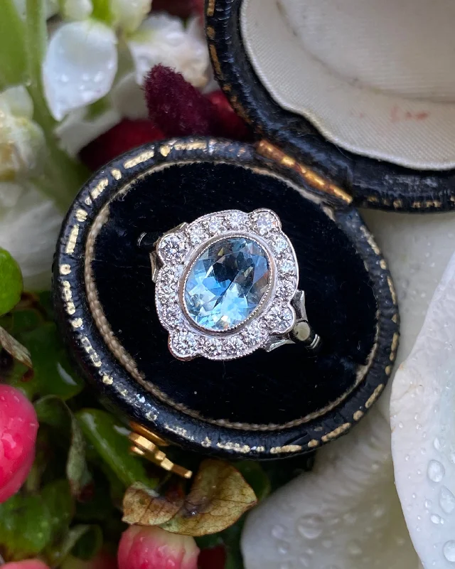 women birthstone rings -Victorian Aquamarine and Diamond Cluster Platinum Ring 0.35ct + 1.0ct