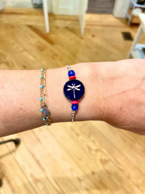 women adjustable charm bracelets -Cobalt Dragonfly Sterling Slide Bracelet, SALE