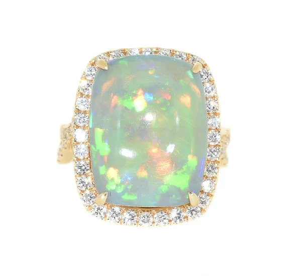 women personalized gemstone rings -14kt Yellow Gold Opal & Diamond Statement Ring